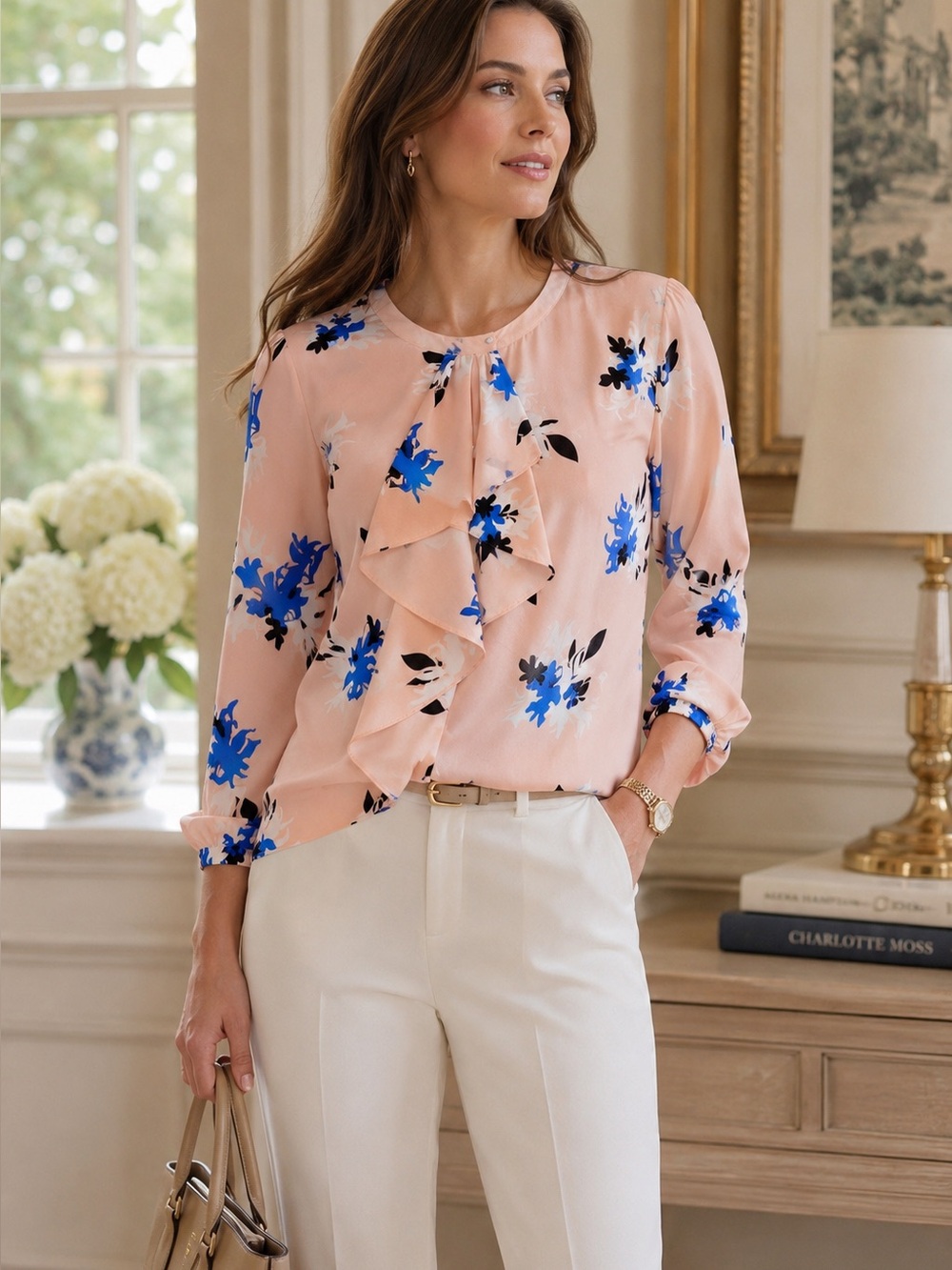 Vince Camuto Blush Pink Floral Ruffle Blouse Size Medium Career Romantic
